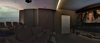 Permita-se a uma experiência única Sala de cinema personalizada com sofás e poltronas para home cinema, iluminação e sistema de áudio e vídeo de alta qualidade.