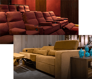Permita-se a uma experiência única Sala de cinema com poltronas reclináveis vermelhas e sofá bege com porta-copos. Projeto personalizado para home cinema.